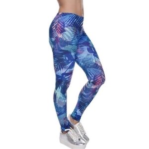 BLUE Multi Color Tropical Palm Print Full Length Leggings Size 0-10 NWT